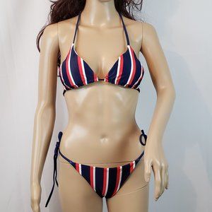 Red White Blue vertical striped Bikini Set w Ties